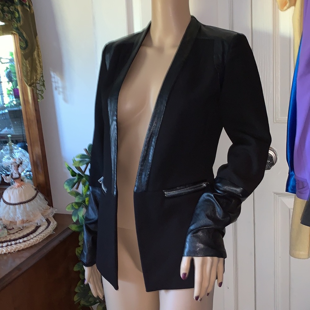 Y2K Black leather trim zippered biker sleeve WRAP blazer Coat Jacket XS S